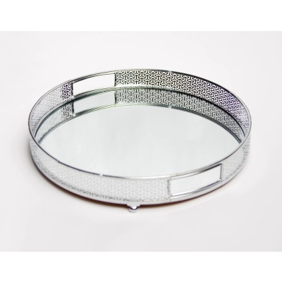 صحن تقديم استيل فضي بمرايا فاخر دائراي كبير 32 سم